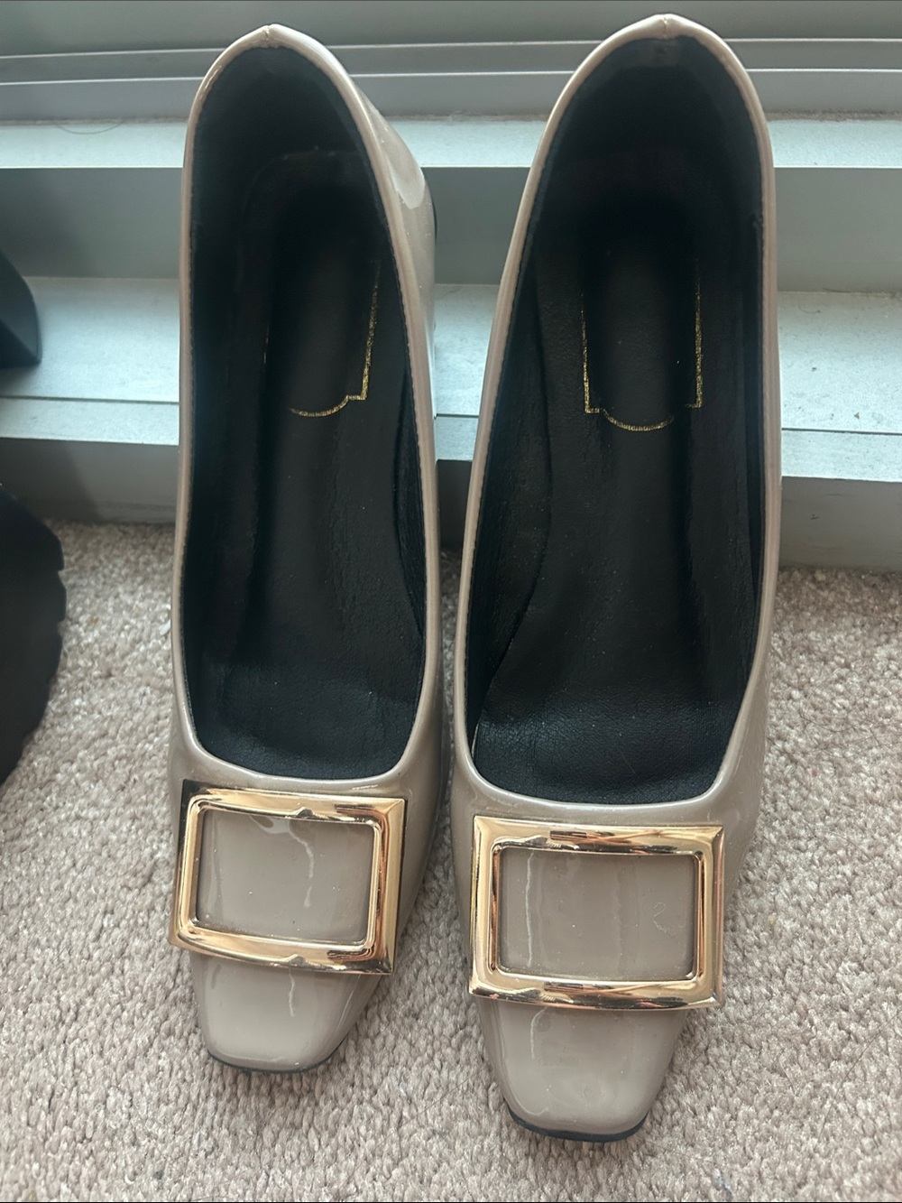 Classic Beige Patent Block-Heel Pumps with Gold Buckle